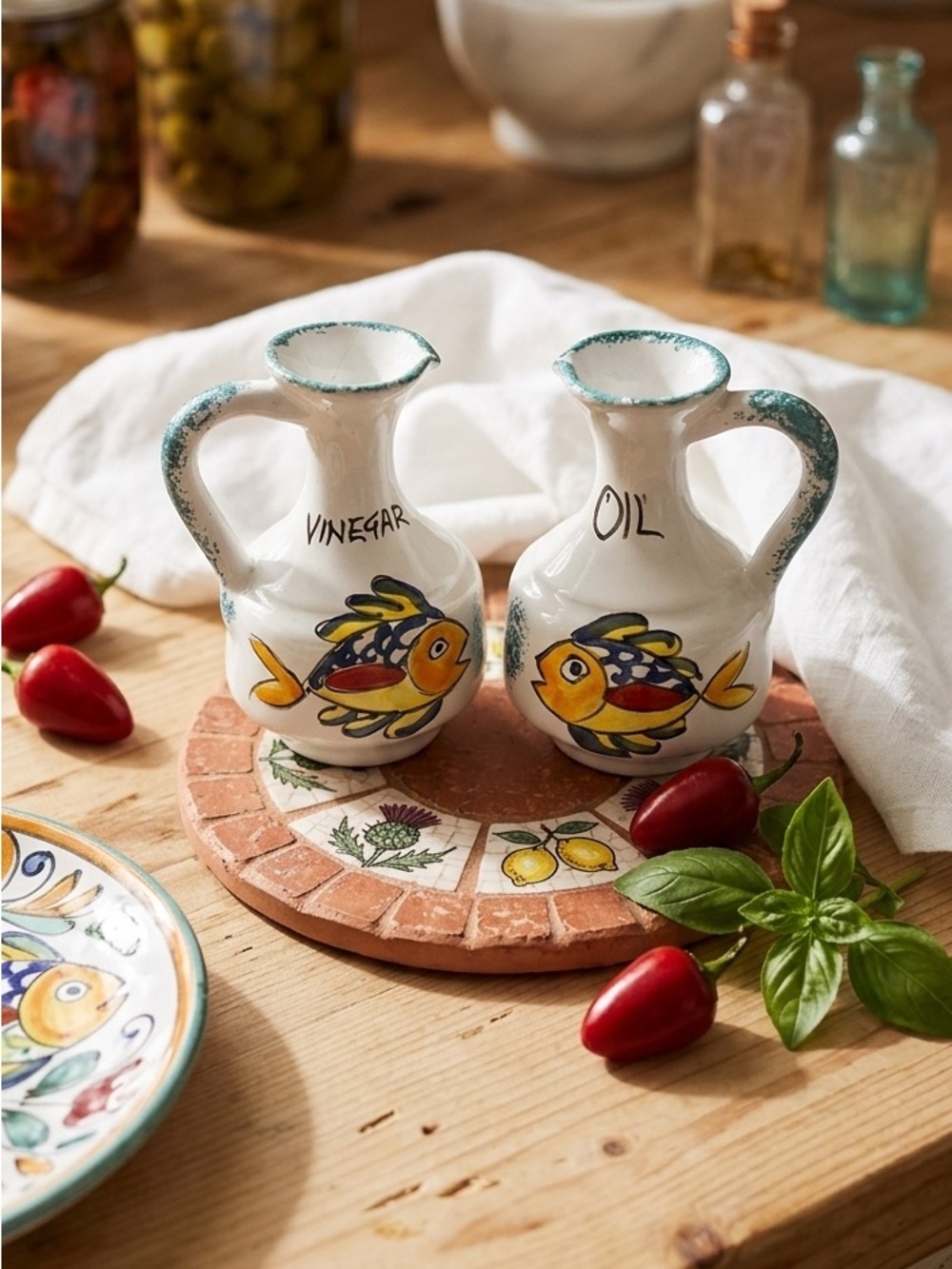 Vintage Desuir Italy Hand-Painted Oil & Vinegar Cruet Set - Sicilian Fish‎